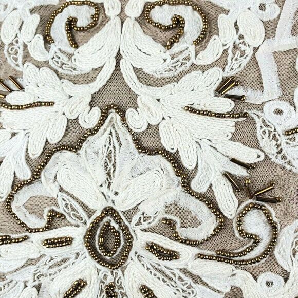 Meadow Rue Anthropologie Rococo Beaded Pullover Top Sweater Tan Ivory Lace sz XS - Picture 3 of 7